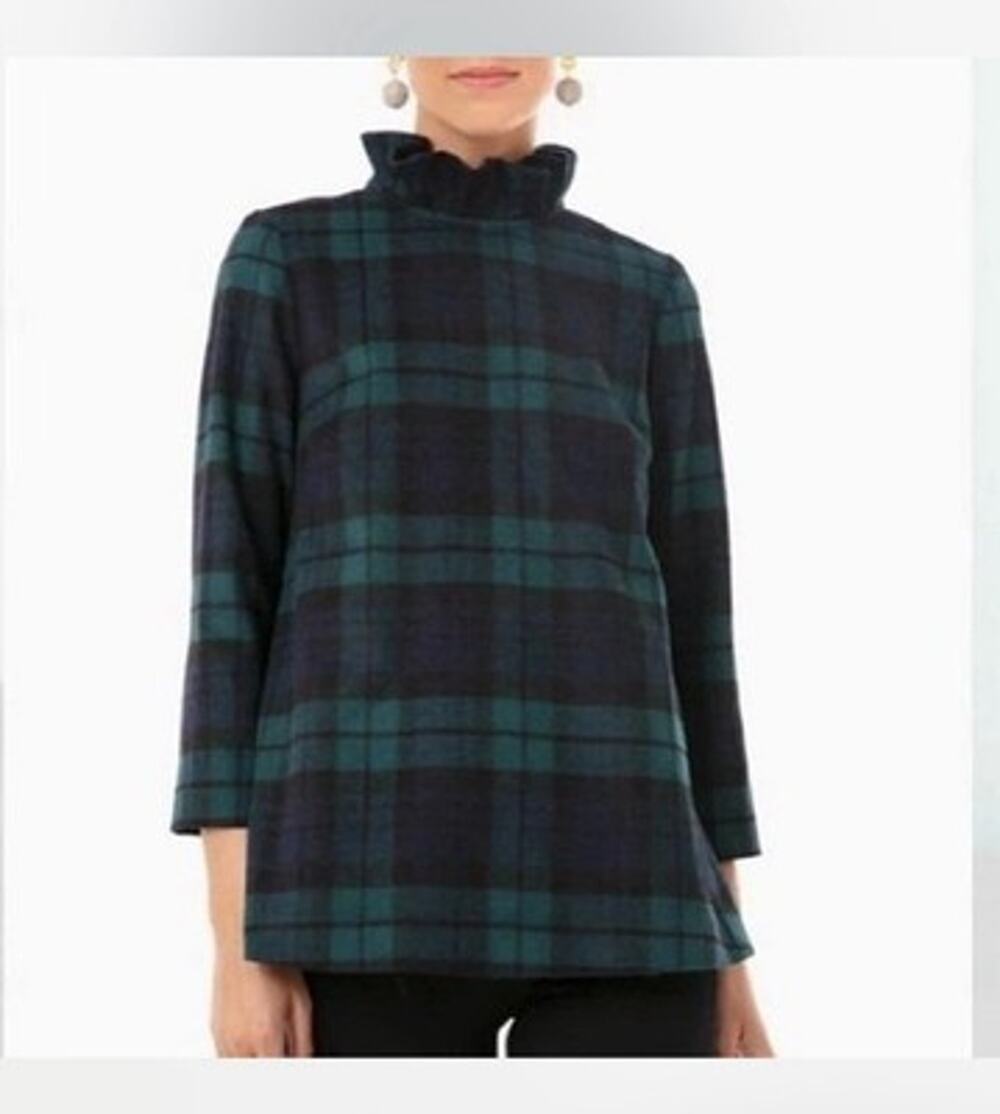 Tuckernuck Blackwatch Plaid Faye Blouse Top Small Ruffle Collar Wool Blend EUC